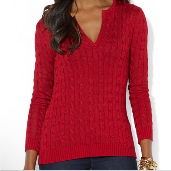 Lauren Ralph Lauren Sweaters - Lauren Ralph Lauren (POLO) Classic Red Cable Knit Split Neck Sweater Size 2X